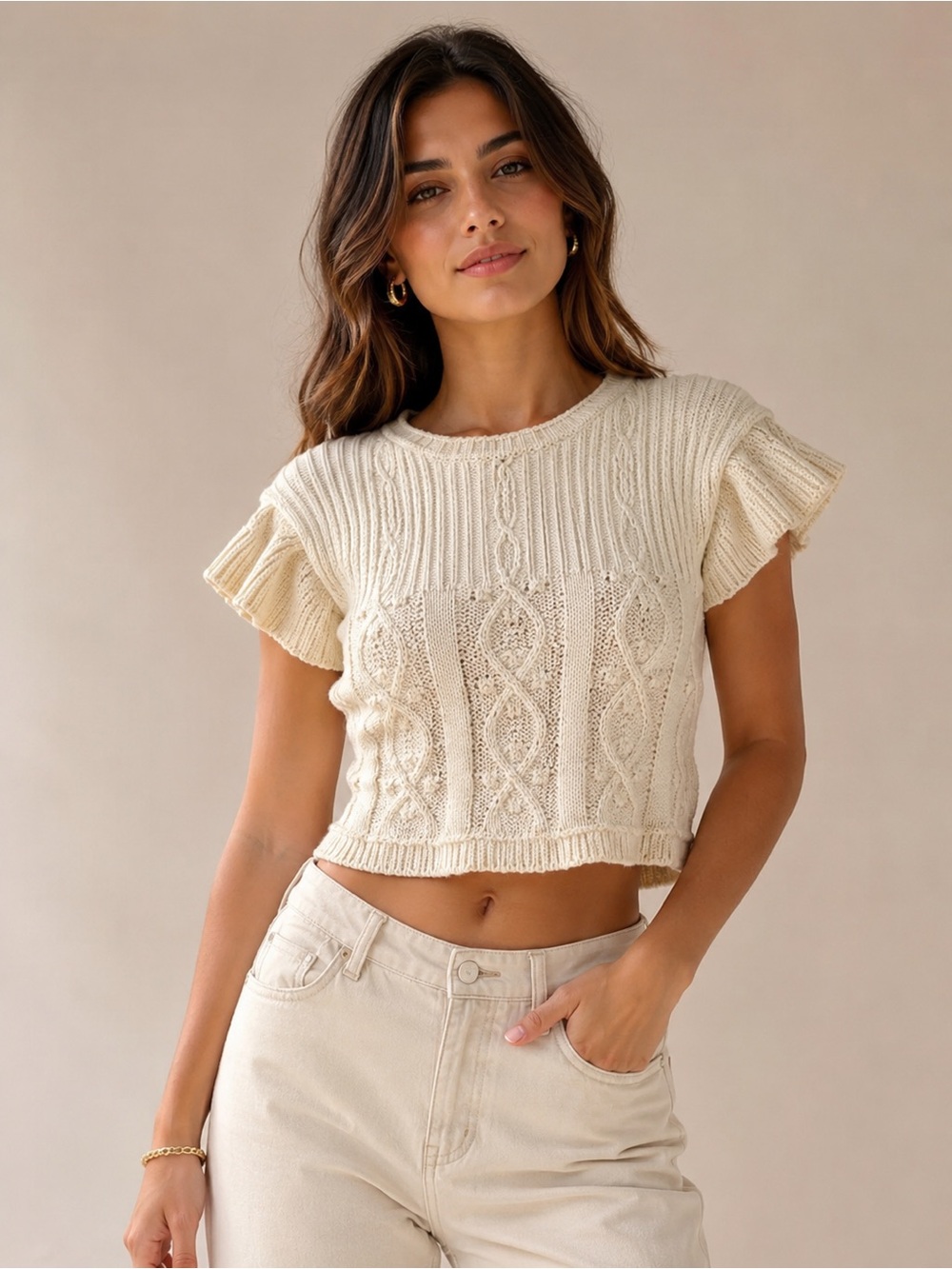 SHEIN Cream Cable Knit Cropped Sweater Top Ruffle Sleeve Size S